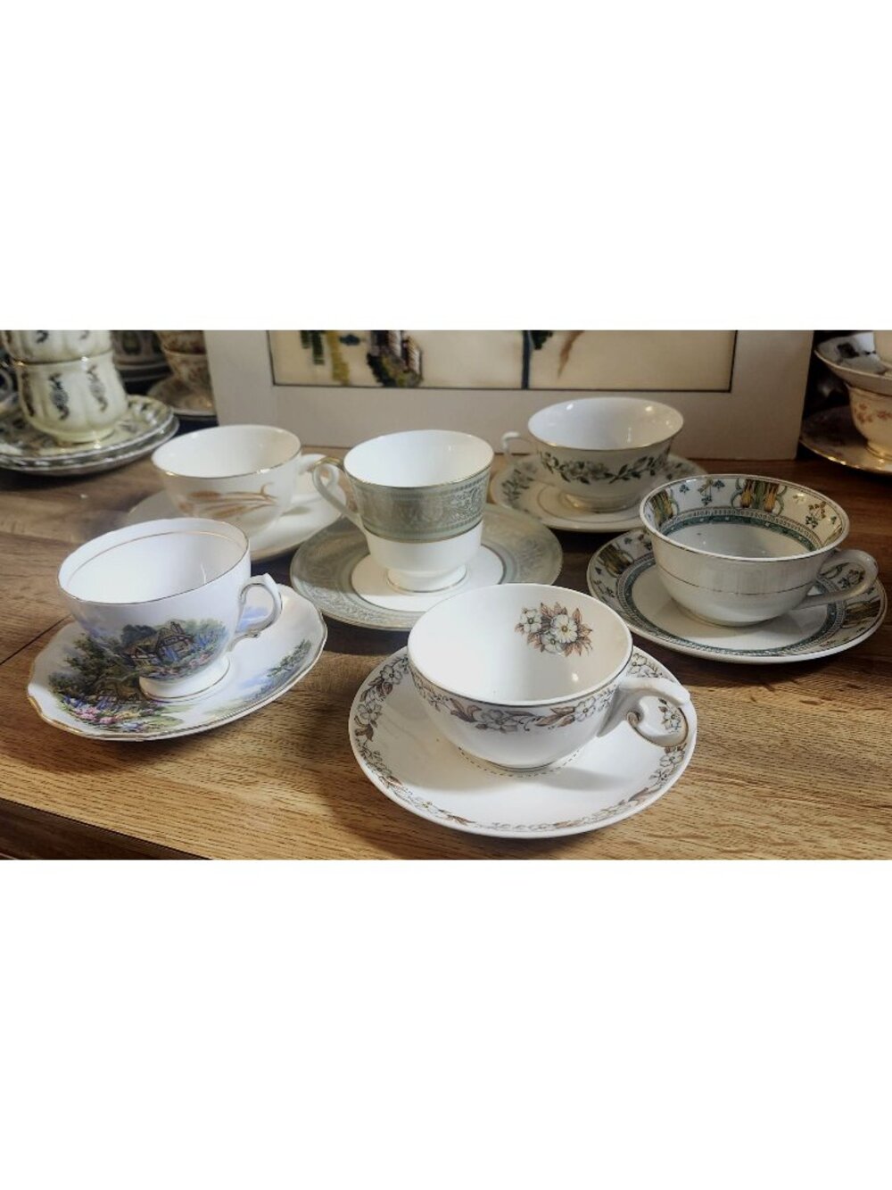 6 Sets Mismatched China Tea Cups & Saucers, Green & Gold